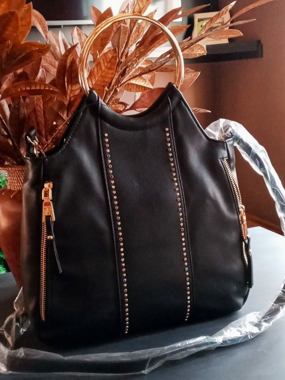 INC International Concepts HUW Gold Bangle Black Leather Jeweled Crossbody NWT